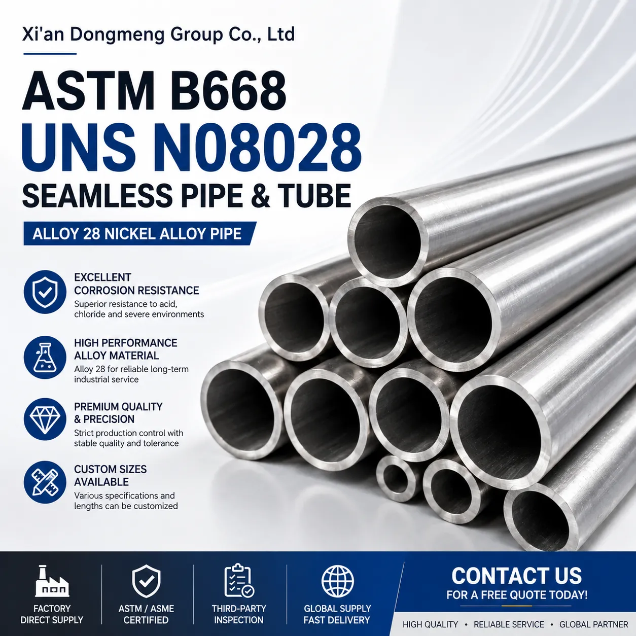 ASTM B668 UNS N08028/N08029 Varrat nélküli cső
